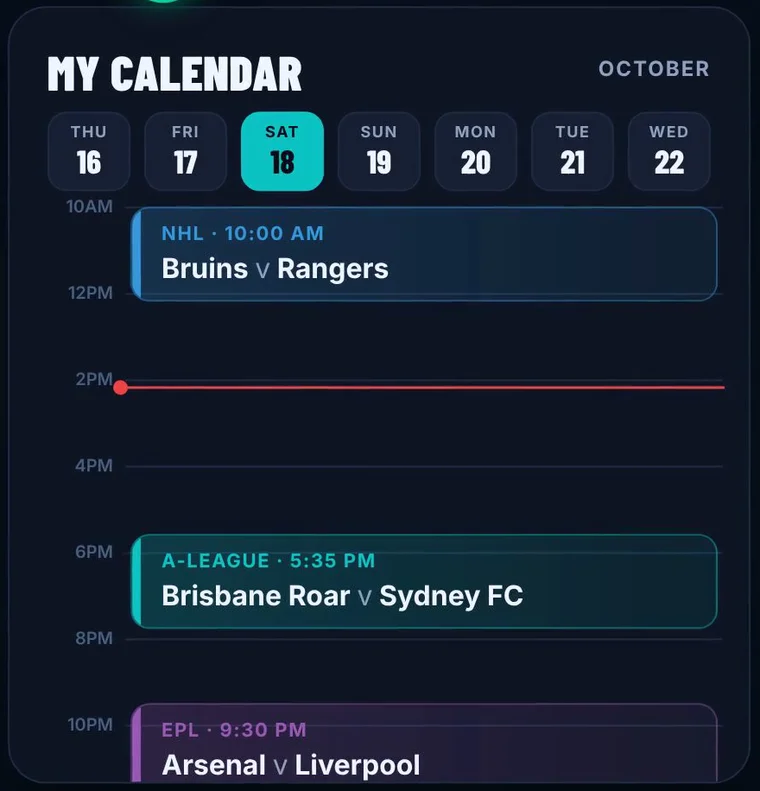 My Calendar in Sport Pikr: NHL, A-League and EPL games on one Saturday