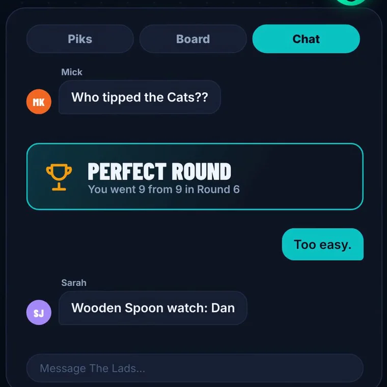 The comp chat calling out a Perfect Round and a Wooden Spoon watch